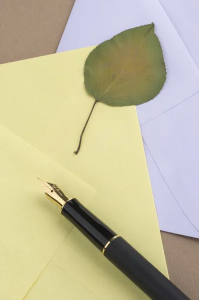 Gold pen with letter and leave — Stock Photo, Image