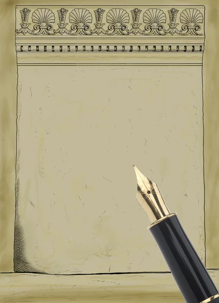 Gold pen on retro pattern — Stock Photo, Image
