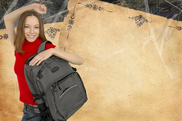 Sırt çantası çizim ile güzel kız — Stok fotoğraf