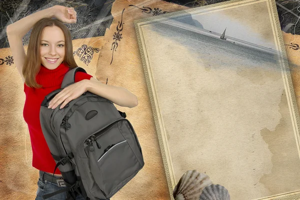 Sırt çantası çizim ile güzel kız — Stok fotoğraf