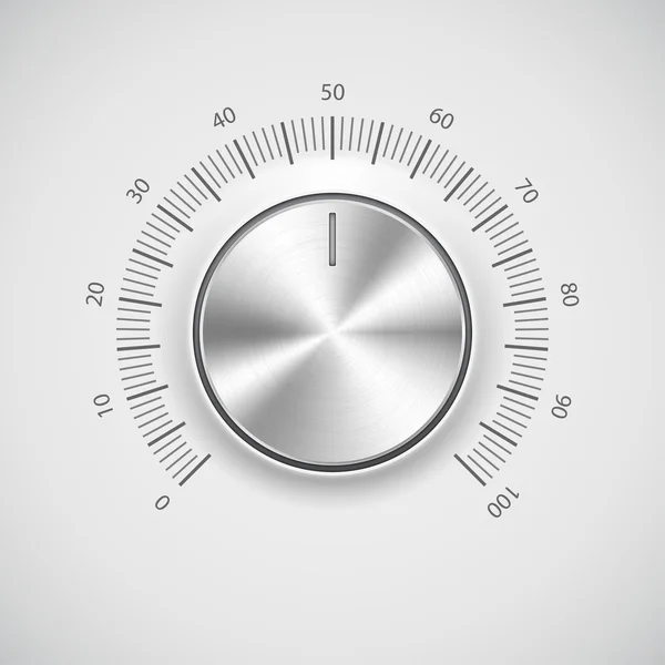 Botón de volumen (botón de música) con textura metálica (cromo) y fondo claro — Vector de stock