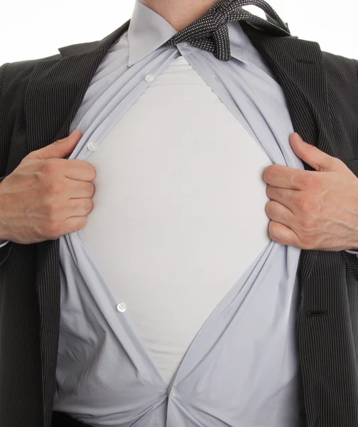 Cropped view of frustrated business man tearing off his shirt on — Stock Photo, Image