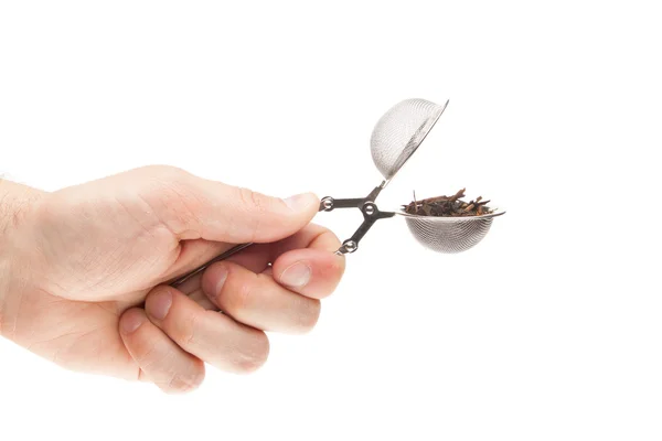 Hand som håller metall te-sil fylld med te — Stockfoto