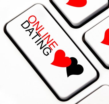 Online dating button with heart shaped talk cloud button on keyb clipart