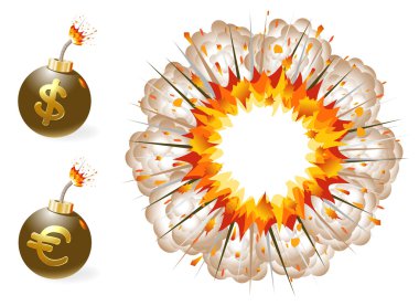 Set of ignited bomb with currency symbols and explosion clipart