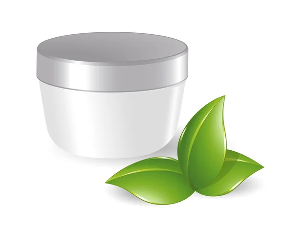 Recipiente cosmético em branco com folhas verdes — Vetor de Stock