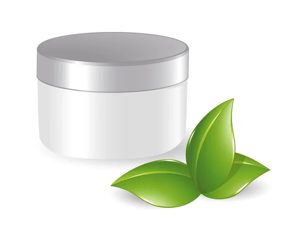 Recipiente cosmético em branco com folhas verdes — Vetor de Stock