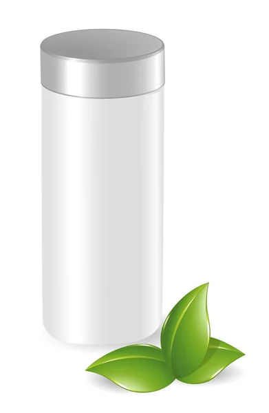 Blank cosmetic container with green leafs — Stock Vector