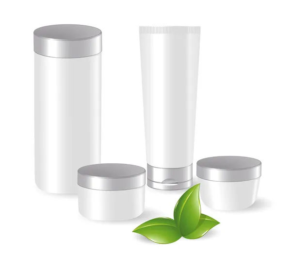 Conjunto de recipientes cosméticos em branco com folhas verdes —  Vetores de Stock