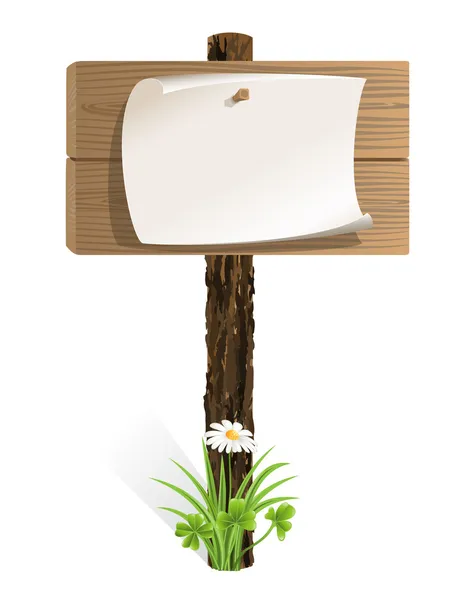 Lege houten bord met papier gewikkeld en gras — Stockvector