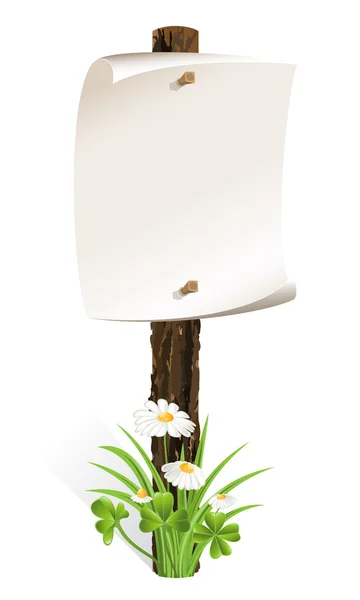 Panneau en bois blanc avec papier enveloppé et herbe — Image vectorielle
