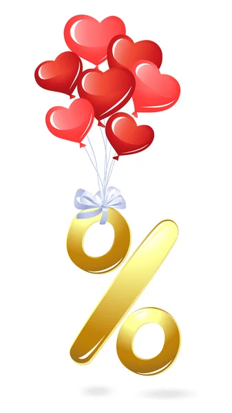 Symbole de pourcentage or avec ballons cardiaques — Image vectorielle