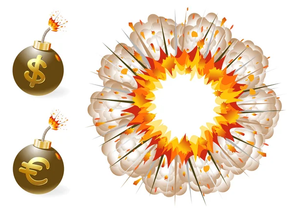 Ensemble de bombe allumée avec symboles de devise et explosion — Image vectorielle