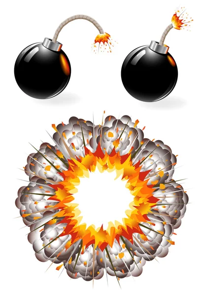Set of ignited bombs and explosion — Stock Vector