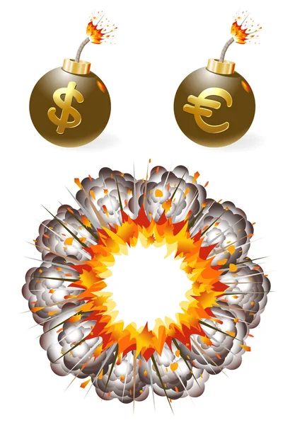 Set of ignited bombs with currency symbols and explosion — Stock Vector