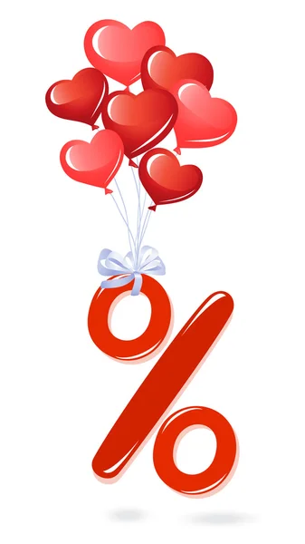 Κόκκινο ποσοστού σύμβολο με μπαλόνια καρδιά — Διανυσματικό Αρχείο