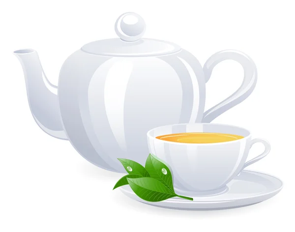 Tetera blanca y tetera con tealeaf — Vector de stock