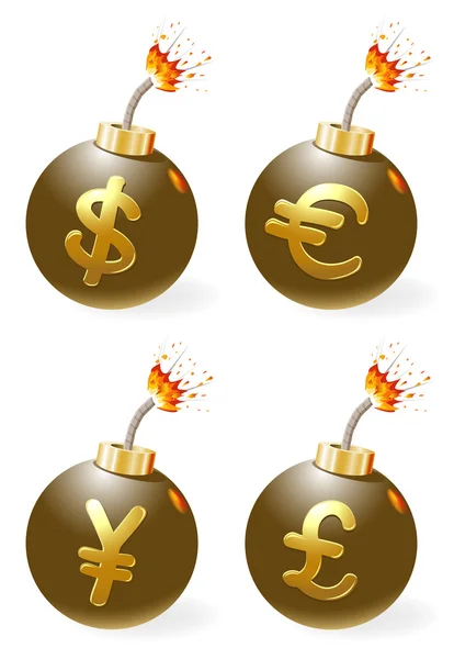 Set of ignited bombs with currency-symbols — Stock Vector