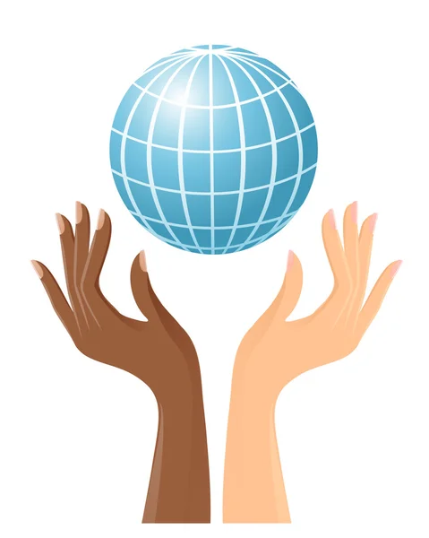 Mains noires et blanches avec globe — Image vectorielle