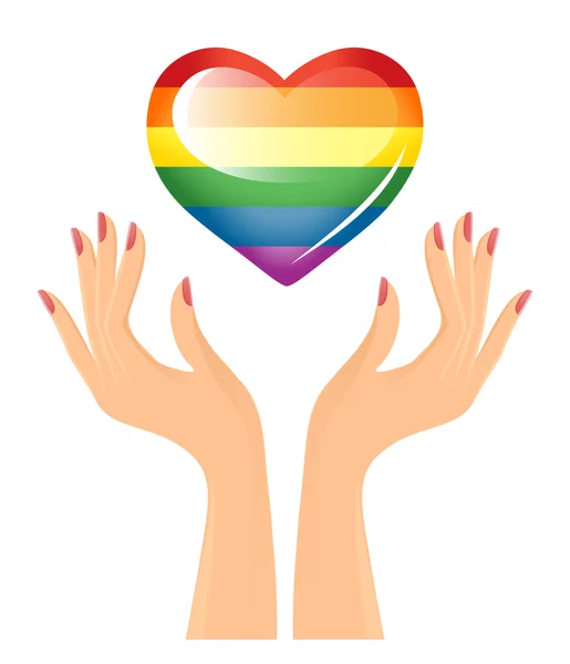 Regenboog hart en handen — Stockvector