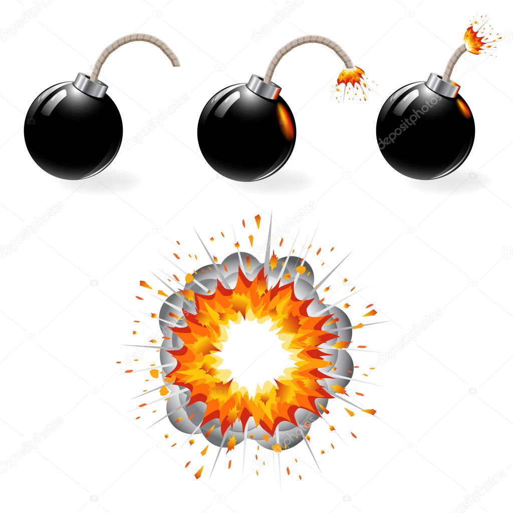 Set of burning black bombs and explosion