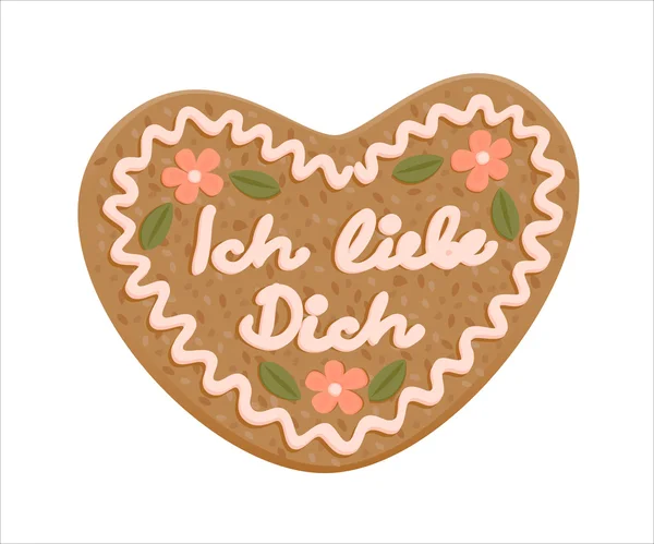 Decorated gingerbread love heart with declaration of love in Ger — Stock Vector