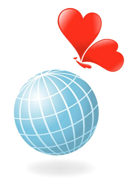 Globus mit dem Herz-Schmetterling. Vektor-Illustration — Stockvektor