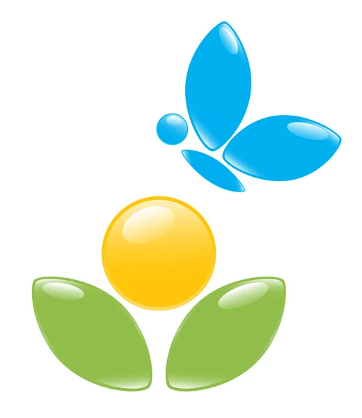 Symbol der Pflanze mit blauem Schmetterling. Vektor-Illustration — Stockvektor