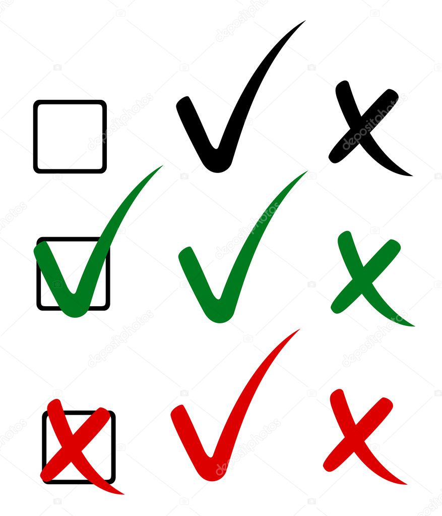 Check mark, tick and cross. Vector illustration