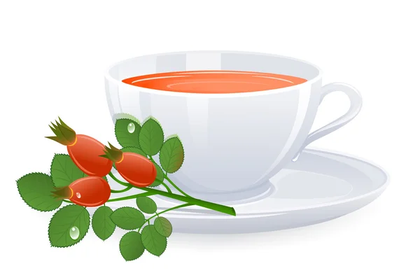 Taza de té con rama de rosa mosqueta. Vector-Ilustración — Archivo Imágenes Vectoriales