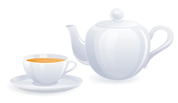 Beyaz çay fincanı ve çaydanlık. vektör çizim — Stok Vektör
