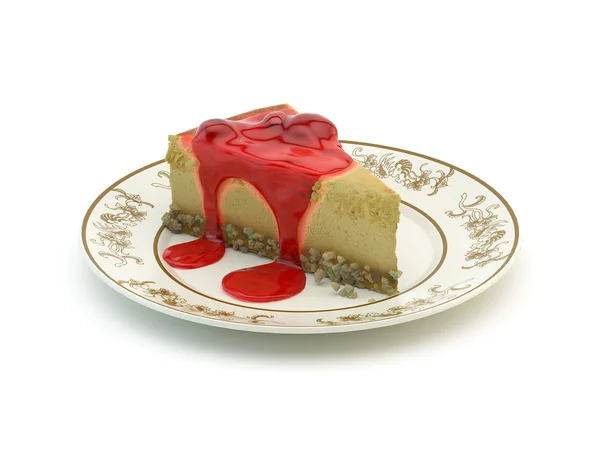 Rebanada de pastel de queso en el plato con cereza aislada en blanco — Foto de Stock
