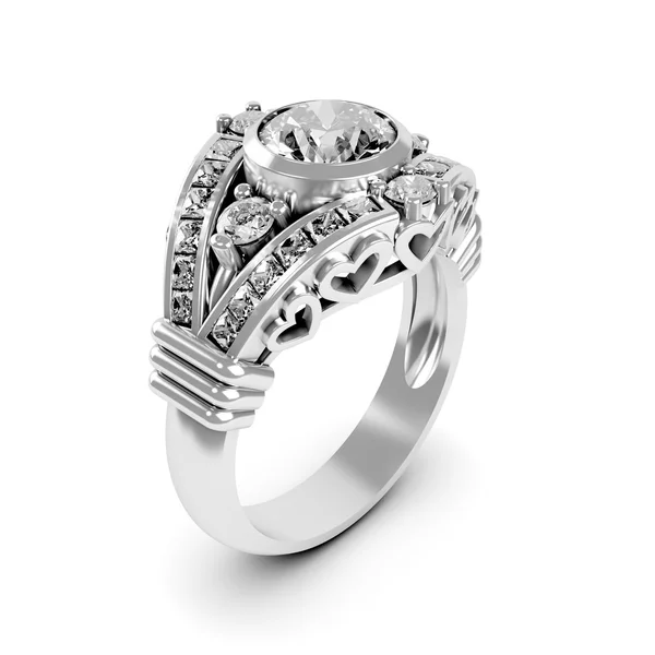 Silberner Diamantring auf weißem Hintergrund — Stockfoto