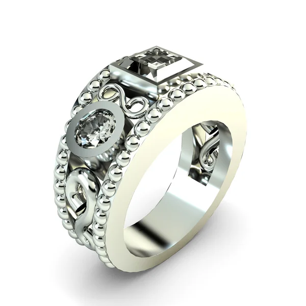 Svatební stříbrná diamant prsten izolovaných na bílém pozadí — Stock fotografie