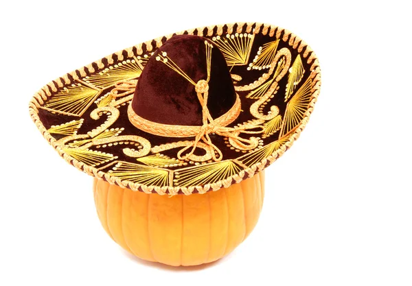 Pumpkin Wearing a Sombrero Isolated on White — Stockfoto