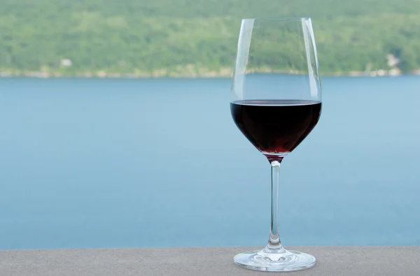 Una copa de vino junto al lago . — Foto de Stock