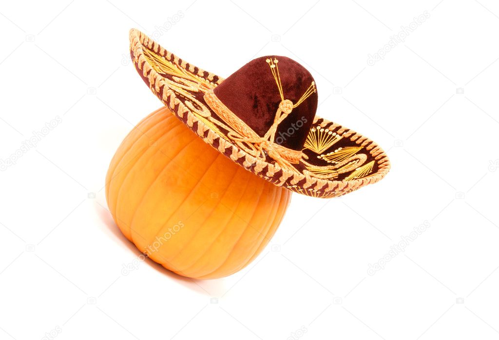 Pumpkin Wearing a Sombrero Isolated on White