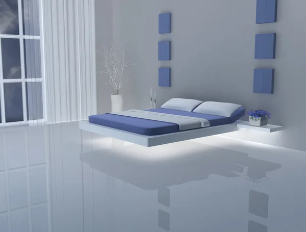 Blauwe en witte slaapkamer — Stockfoto