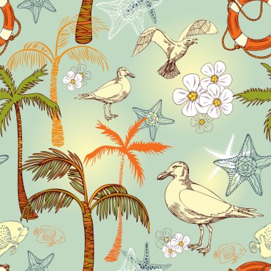 Abstract sea background, beach theme fashion seamless pattern, beautiful exotic vector wallpaper, vintage fabric, colorful wrapping with seagull and palm ornaments - summer, maritime theme for design clipart