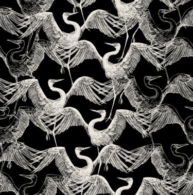 Abstract background, fashion seamless pattern, vector wallpaper, vintage and monochrome fabric with dancing stork, graphic birds - japan style for design clipart