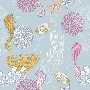 Underwater abstract background, sea theme fashion seamless pattern, beautiful vector wallpaper, exotic fabric, blue wrapping with seahorse and corals ornaments, summer, paradise theme for design clipart