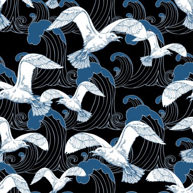 Abstract sea background, beach theme fashion seamless pattern, exotic vector wallpaper, vintage fabric, creative black wrapping with seagull and wave ornaments - summer, maritime theme for design clipart