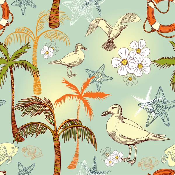 Abstract sea background, beach theme fashion seamless pattern, beautiful exotic vector wallpaper, vintage fabric, colorful wrapping with seagull and palm ornaments - summer, maritime theme for design — Stockvector