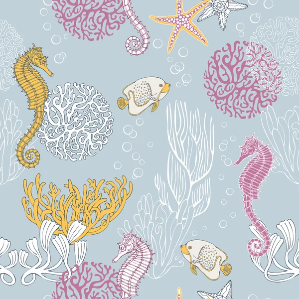 Onderwater abstracte achtergrond, zee thema mode naadloze patroon, prachtige vector behang, exotische stof, blauwe inwikkeling van seahorse en koralen ornamenten, zomer, paradijs thema voor ontwerp — Stockvector