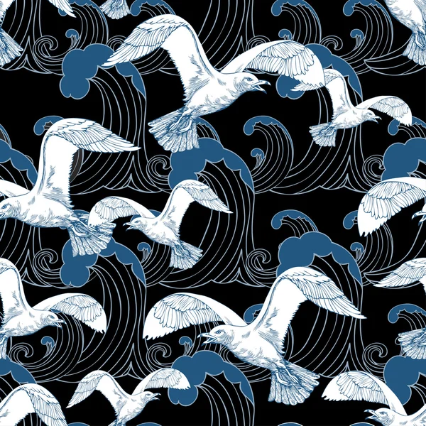 Streszczenie tło morza, plaży tematu mody wzór, egzotyczne tapeta, sztuka tkanina, kreatywnych czarny Zawijanie z seagull i fala ozdoby - lato, motyw morski dla projektu — Wektor stockowy