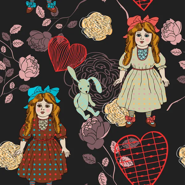 Ретро стиль вектор бесшовные ткани, шаблон, обои, обертывание и фон с винтажными игрушками - красивая кукла, кролик, цветок, сердце и лист для украшения и дизайна — стоковый вектор