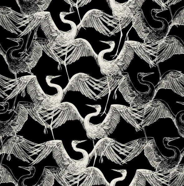 Абстрактный фон, модный бесшовный узор, векторные обои, винтажная и монохромная ткань с танцующим аистом, графические птицы - японский стиль для дизайна — стоковый вектор