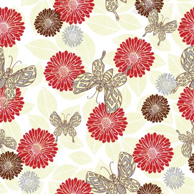 Retro style vector seamless pattern, fabric, wallpaper, wrapping and background with flower, leaf and butterfly ornaments - summer and spring theme for decoration and design clipart