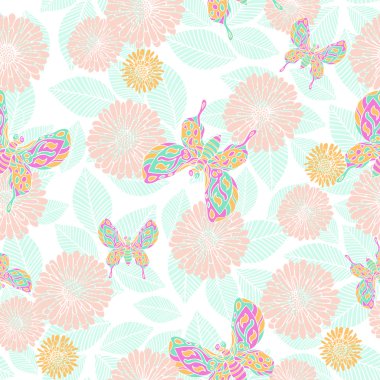 Retro style vector seamless pattern, fabric, wallpaper, wrapping and background with flower, leaf and butterfly ornaments - summer and spring theme for decoration and design clipart