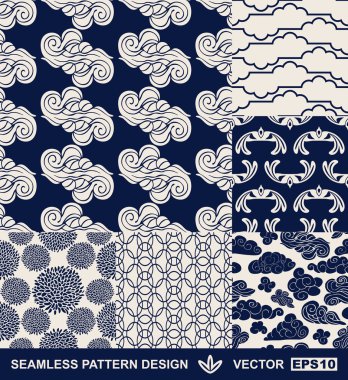 Retro style monochrome vector seamless fabric, pattern, wallpaper, wrapping and background set with vintage clouds, birds, flowers and geometric ornaments for decoration and design clipart